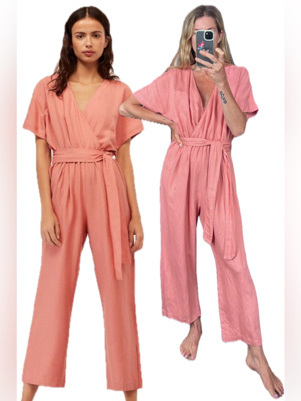 OYSHO Dusty Pink Linen V Neck Blend Short Sleeve Belted Jumpsuit